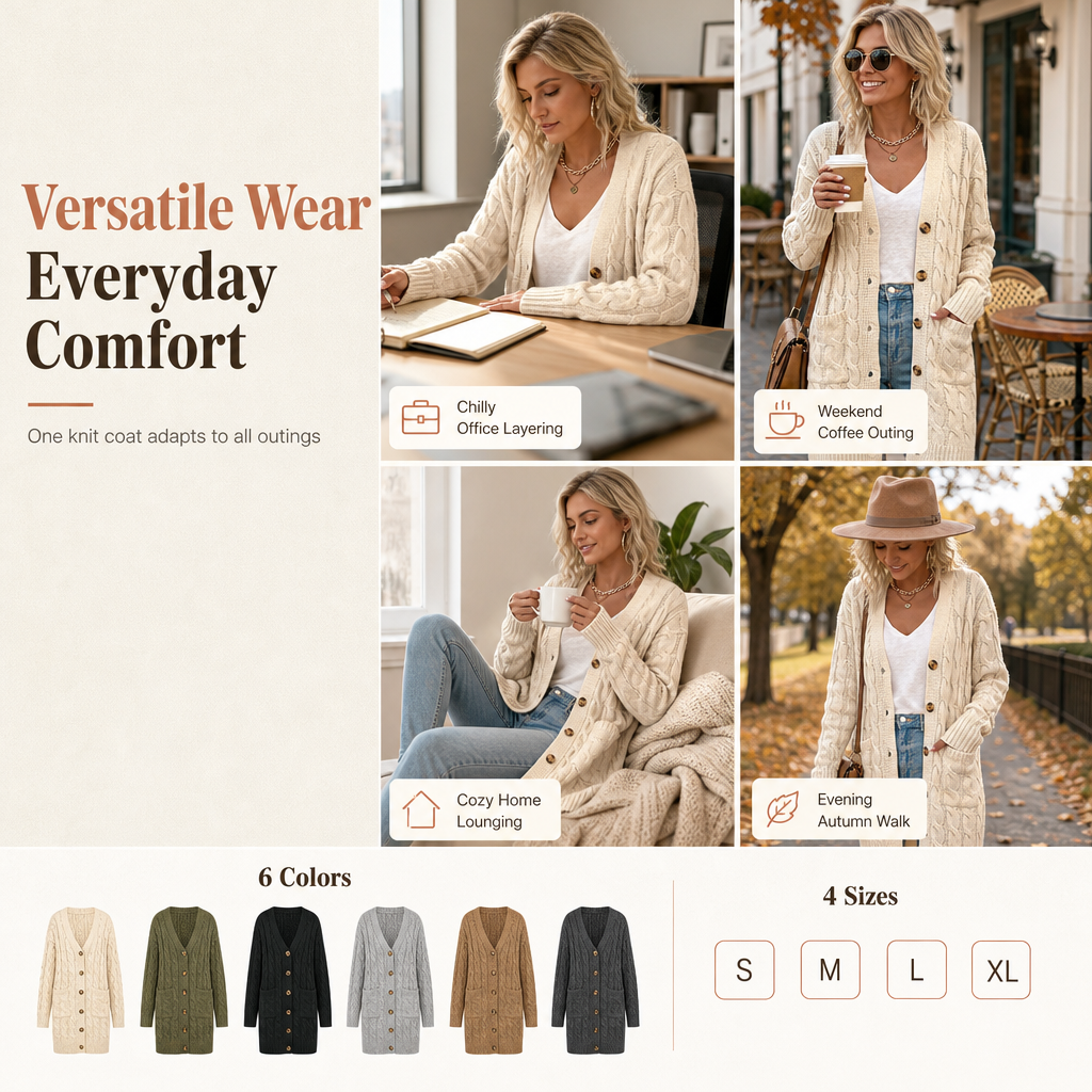 🌸Women's Long Single Breasted Knitted Cardigan Sweater Casual Outerwear Coat for Autumn and Winter