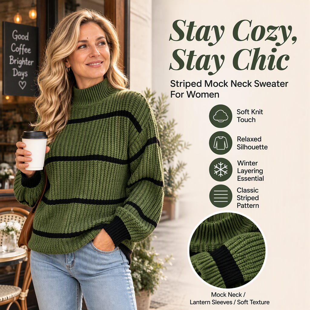 Women's Mock Neck Striped Knit Sweater