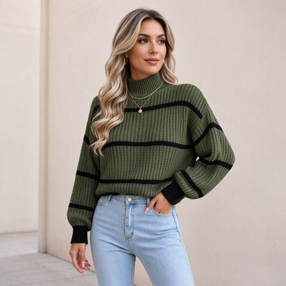 Women's Mock Neck Striped Knit Sweater