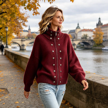 🌸Hot Sale 50% OFF💖Women's Stand Collar Double-Breasted Knit Cardigan