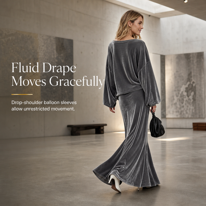 Women's Solid Color Velvet Two Piece Set with Deep V Neck Loose Sweatshirt and Flared Maxi Skirt