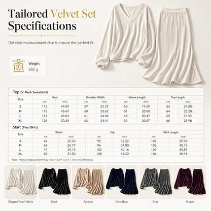 Women's Solid Color Velvet Two Piece Set with Deep V Neck Loose Sweatshirt and Flared Maxi Skirt