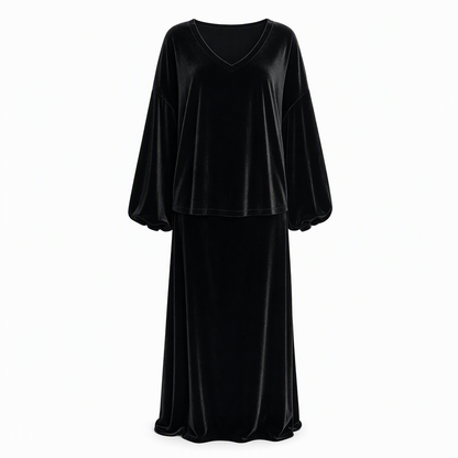 Women's Solid Color Velvet Two Piece Set with Deep V Neck Loose Sweatshirt and Flared Maxi Skirt