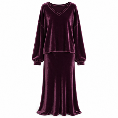 Women's Solid Color Velvet Two Piece Set with Deep V Neck Loose Sweatshirt and Flared Maxi Skirt