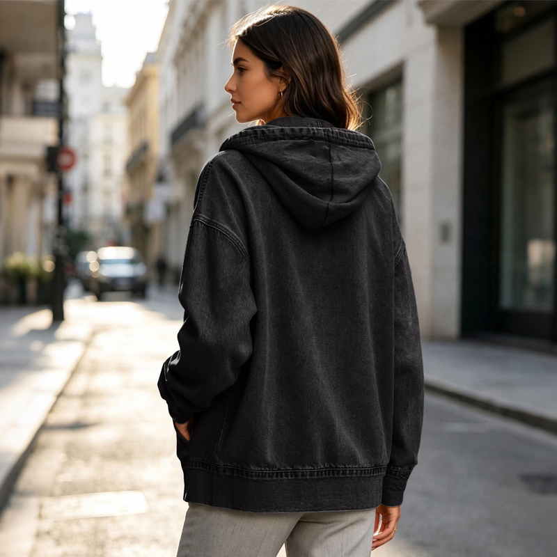 Women's Loose Zip-Up Hooded Denim Jacket