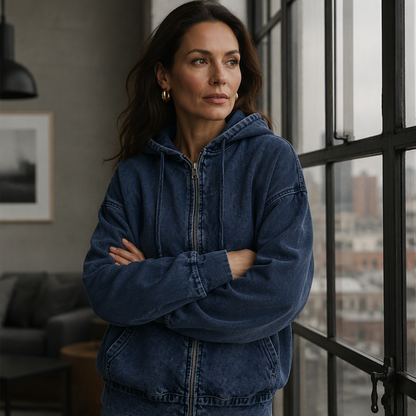 Women's Loose Zip-Up Hooded Denim Jacket