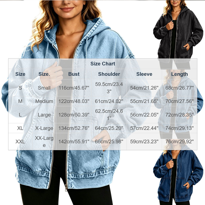 Women's Loose Zip-Up Hooded Denim Jacket
