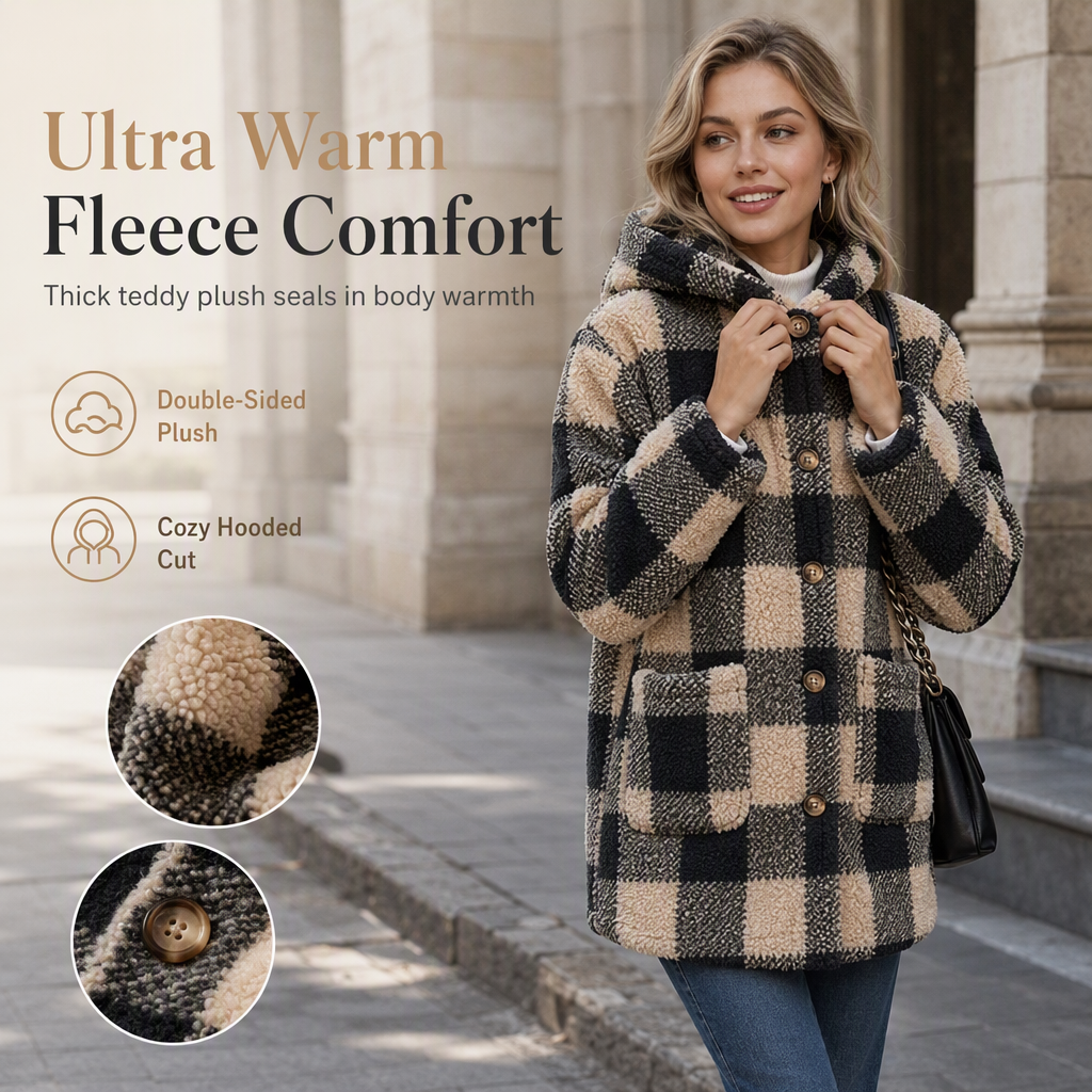 Women's Long Sleeve Plaid Faux Shearling Hooded Coat