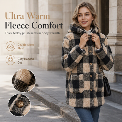 Women's Long Sleeve Plaid Faux Shearling Hooded Coat