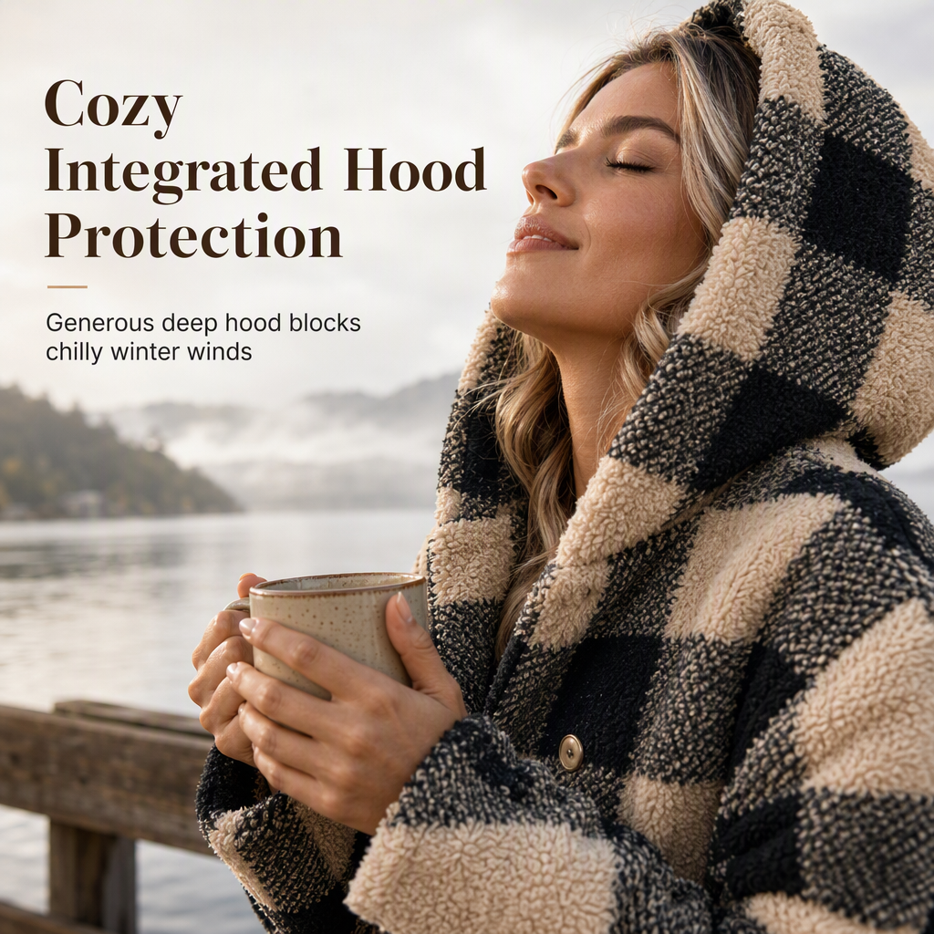 Women's Long Sleeve Plaid Faux Shearling Hooded Coat