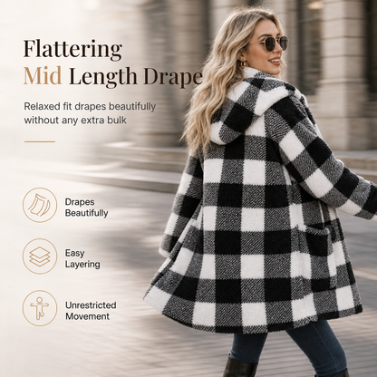 Women's Long Sleeve Plaid Faux Shearling Hooded Coat