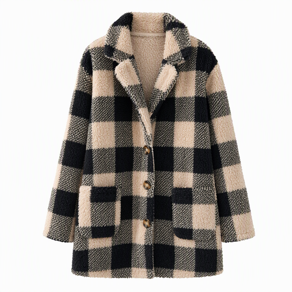 Women's Long Sleeve Plaid Faux Shearling Hooded Coat