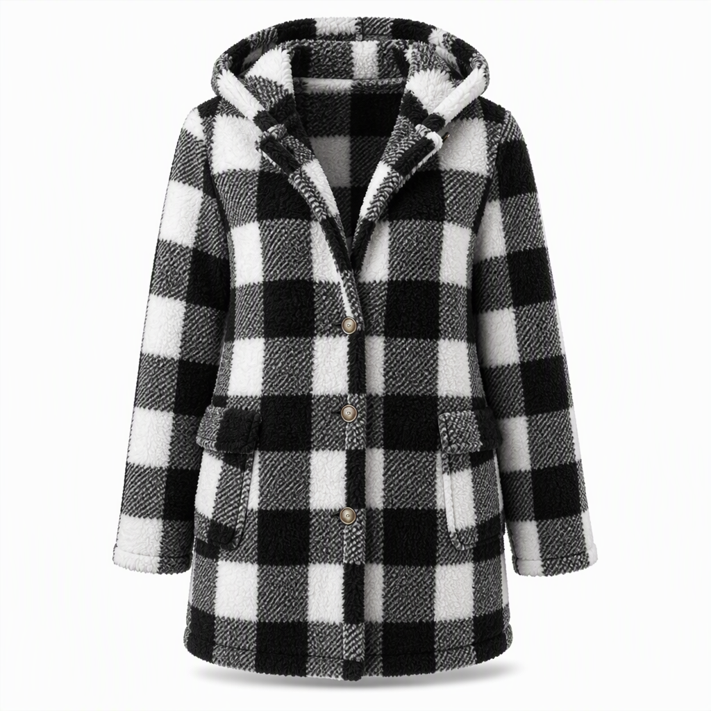 Women's Long Sleeve Plaid Faux Shearling Hooded Coat