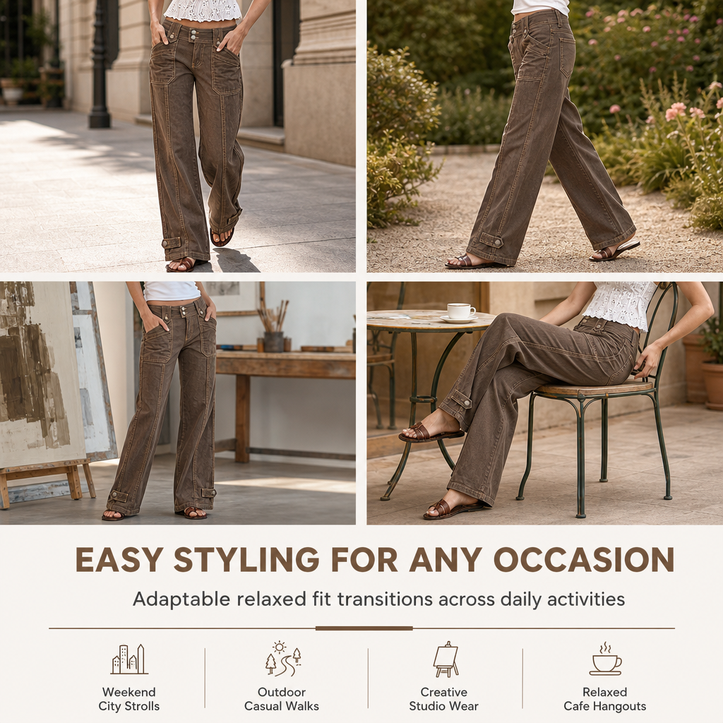 Women's Washed Cotton Blend Utility Wide Leg Pants with Contrast Stitching