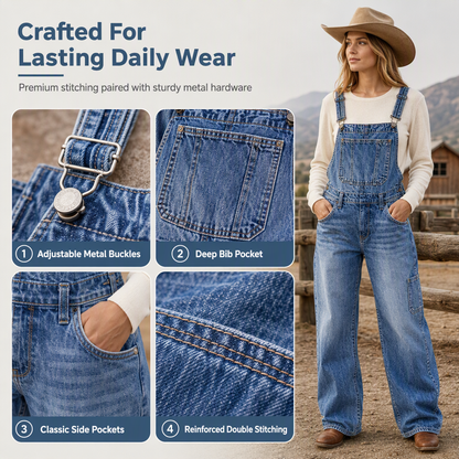 💖50% off!💖 👖Women's Stretchy Denim Overalls Wide Leg Jumpsuit with Adjustable Straps