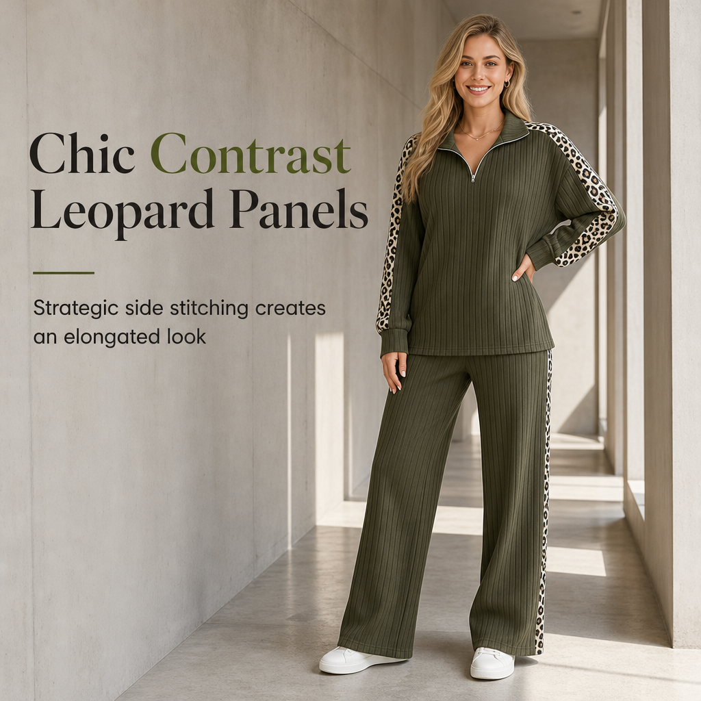 Women's Ribbed Knit Two-Piece Loungewear Set with Quarter-Zip Pullover and Wide-Leg Pants Featuring Leopard Print Accent Panels