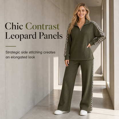 Women's Ribbed Knit Two-Piece Loungewear Set with Quarter-Zip Pullover and Wide-Leg Pants Featuring Leopard Print Accent Panels