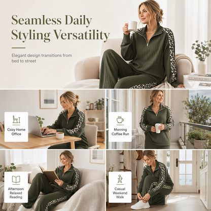Women's Ribbed Knit Two-Piece Loungewear Set with Quarter-Zip Pullover and Wide-Leg Pants Featuring Leopard Print Accent Panels