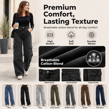 Women's High-Waisted Stretch Denim Cargo Pants