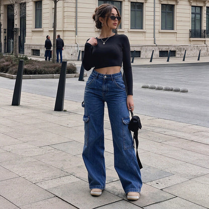 Women's High-Waisted Stretch Denim Cargo Pants