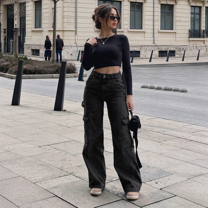 Women's High-Waisted Stretch Denim Cargo Pants