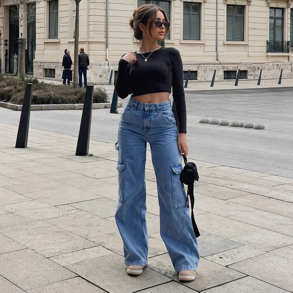 Women's High-Waisted Stretch Denim Cargo Pants