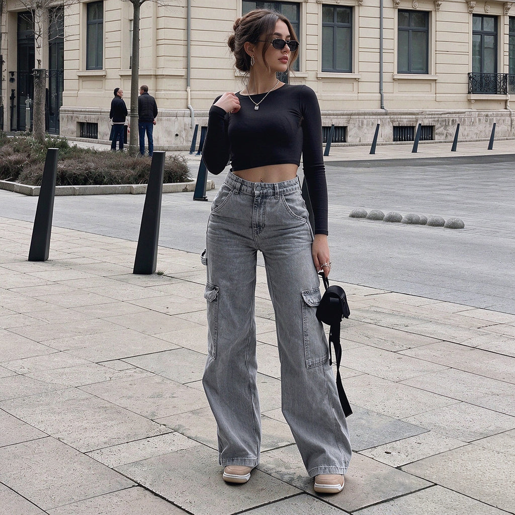 Women's High-Waisted Stretch Denim Cargo Pants