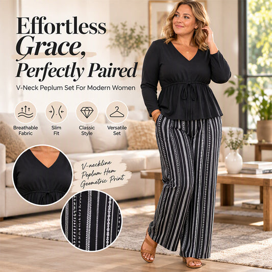 Women's V-Neck Peplum Top and Striped Pants Set