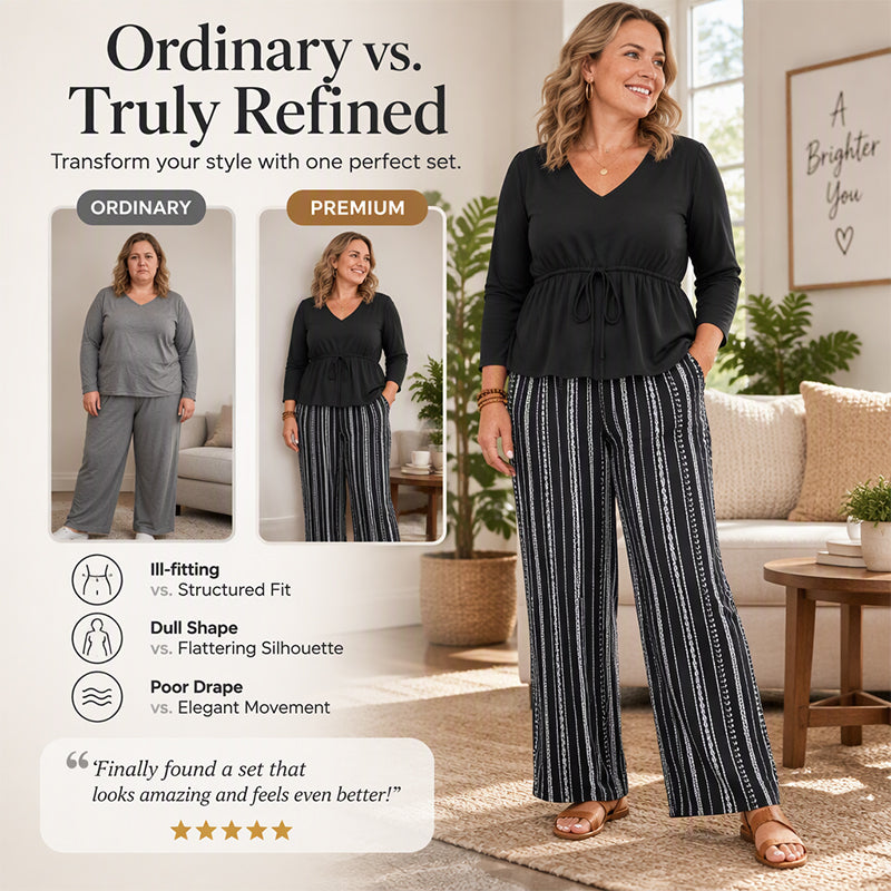Women's V-Neck Peplum Top and Striped Pants Set