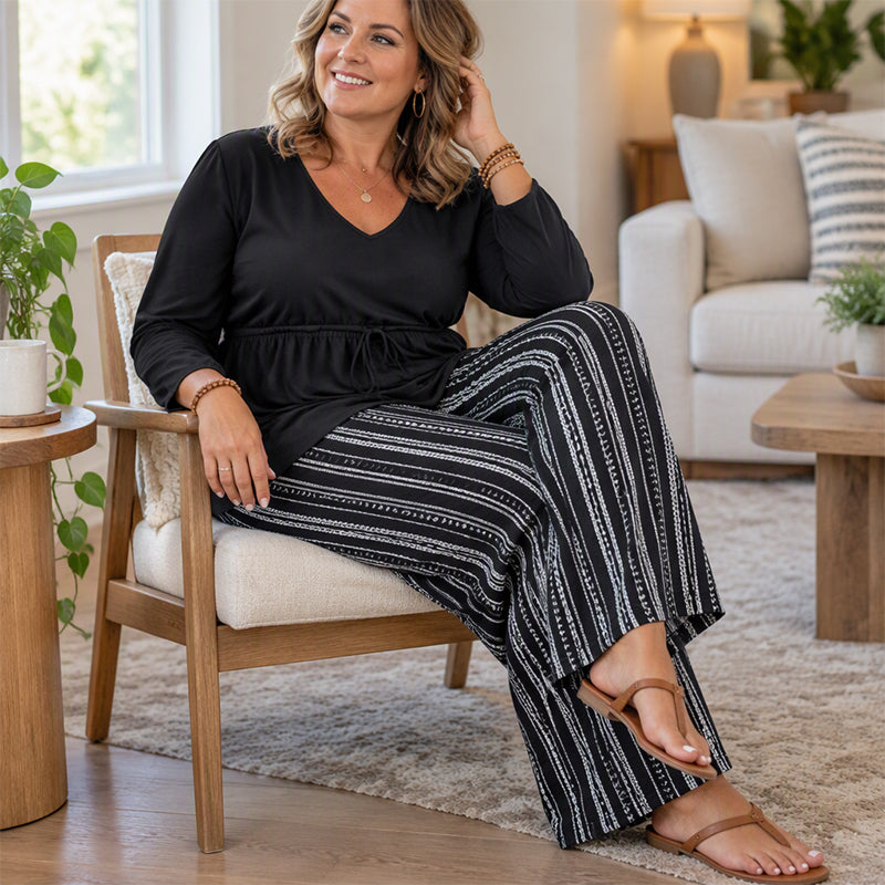 Women's V-Neck Peplum Top and Striped Pants Set