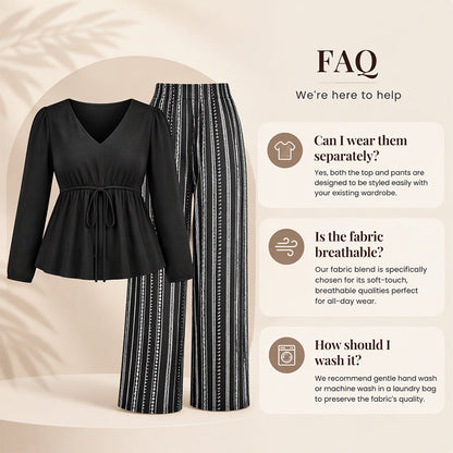 Women's V-Neck Peplum Top and Striped Pants Set