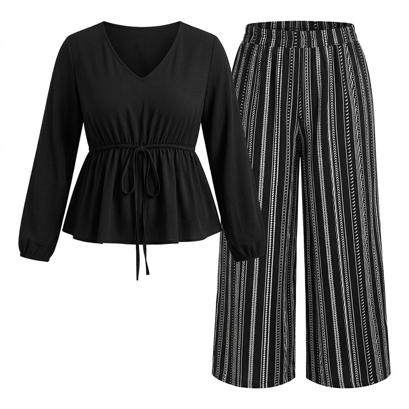 Women's V-Neck Peplum Top and Striped Pants Set