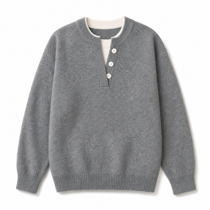 Casual Mock Two Piece V Neck Knit Sweater with Button Details