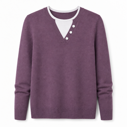 Casual Mock Two Piece V Neck Knit Sweater with Button Details