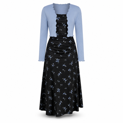 Women's Vintage Floral Slip Dress and Cropped Ribbed Knit Cardigan 2-Piece Set