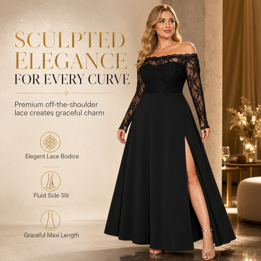Women's Plus Size Off Shoulder Lace Long Sleeve Maxi Dress