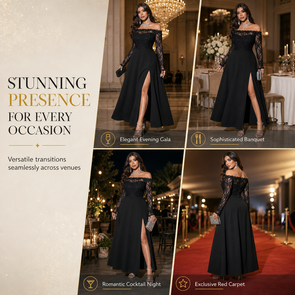 Women's Plus Size Off Shoulder Lace Long Sleeve Maxi Dress