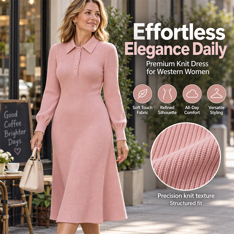 Women's Lapel Collar Ribbed Knit Dress