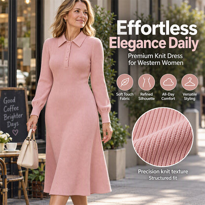 Women's Lapel Collar Ribbed Knit Dress