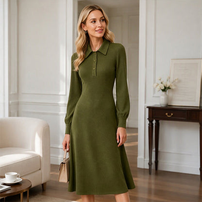 Women's Lapel Collar Ribbed Knit Dress