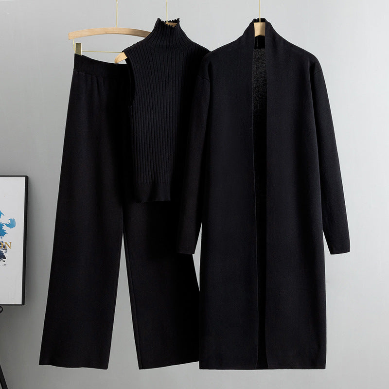 Women Casual Fall Winter 3-Piece Knit Set Sleeveless Vest Cardigan Sweater and Pants Outfit