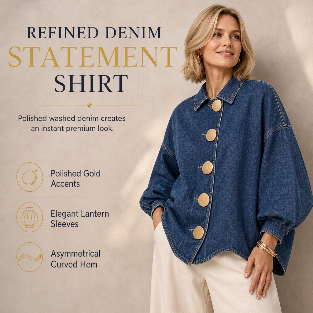 💙 Oversized Washed Denim Shirt Coat with Statement Gold Buttons and Lantern Sleeves