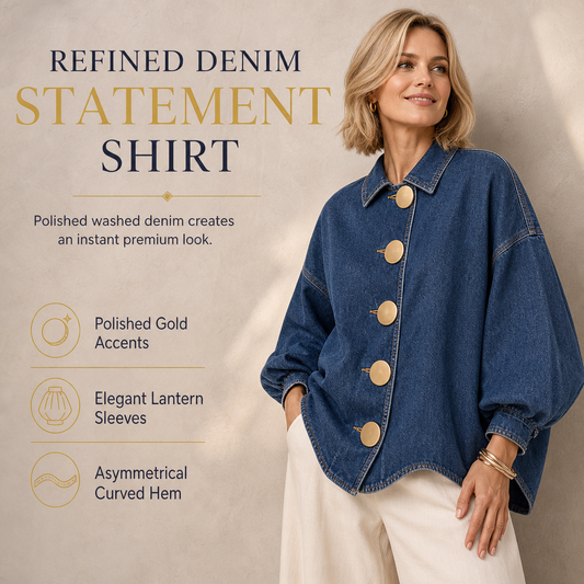 💙 Oversized Washed Denim Shirt Coat with Statement Gold Buttons and Lantern Sleeves