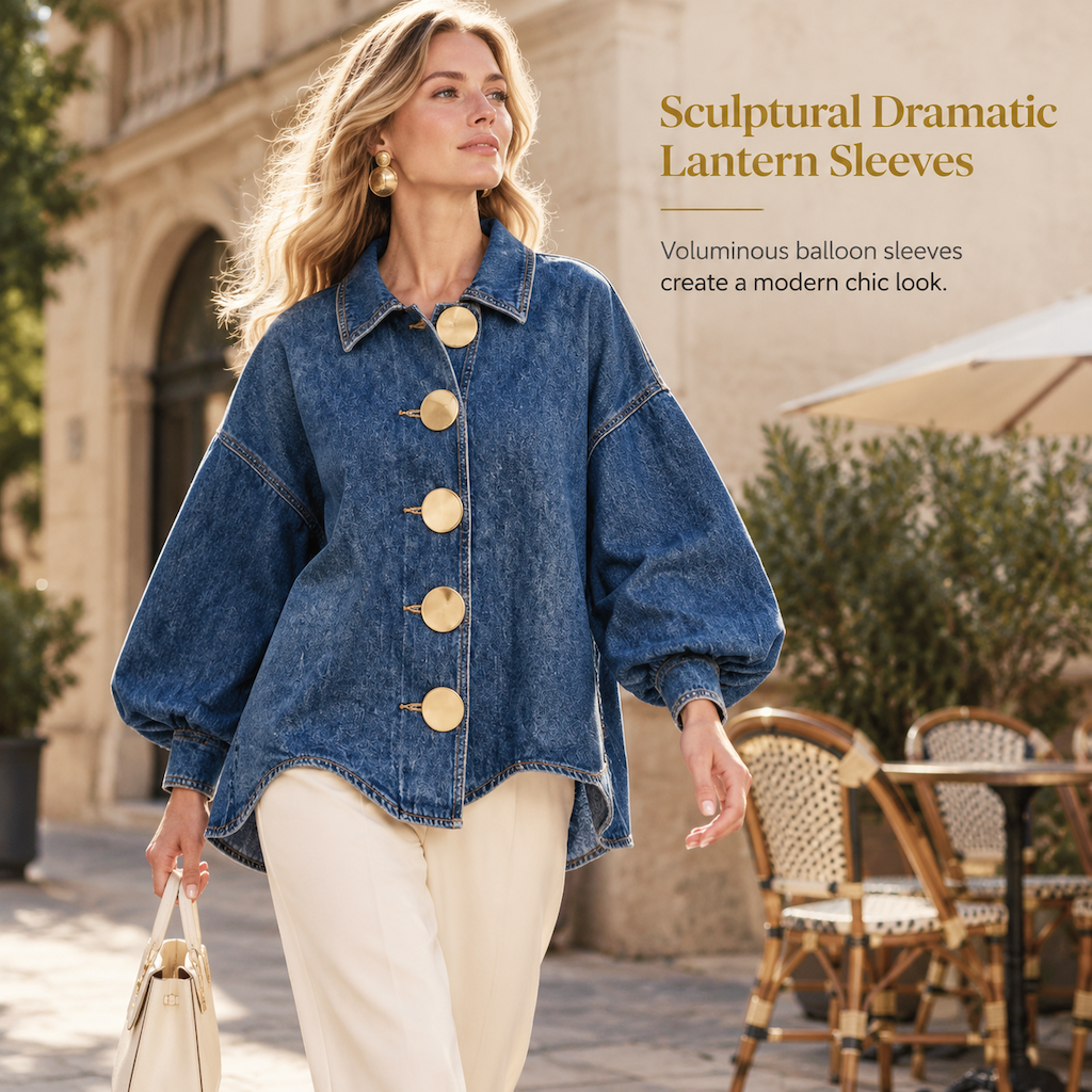 💙 Oversized Washed Denim Shirt Coat with Statement Gold Buttons and Lantern Sleeves