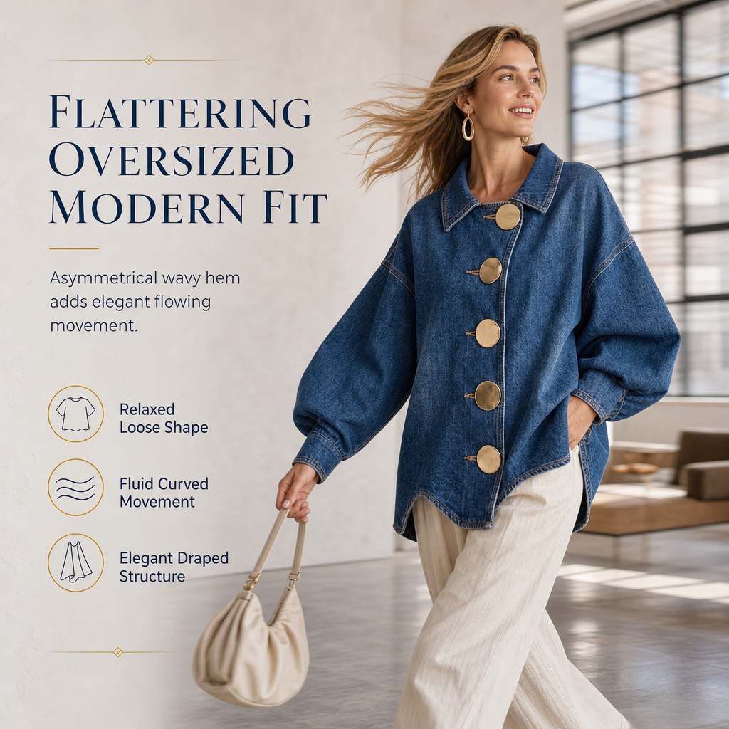 💙 Oversized Washed Denim Shirt Coat with Statement Gold Buttons and Lantern Sleeves