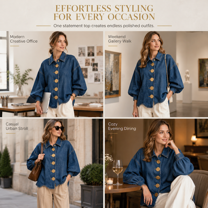 💙 Oversized Washed Denim Shirt Coat with Statement Gold Buttons and Lantern Sleeves