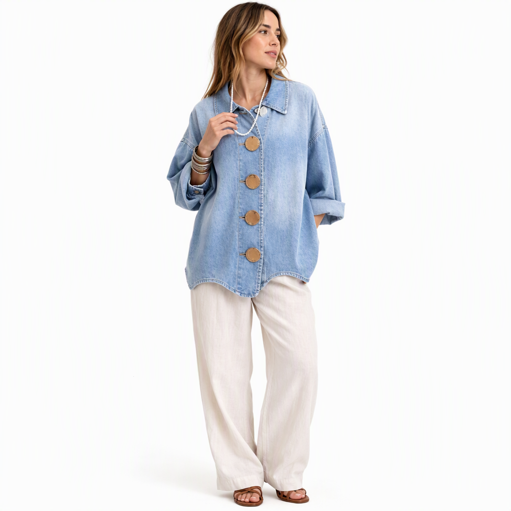 💙 Oversized Washed Denim Shirt Coat with Statement Gold Buttons and Lantern Sleeves