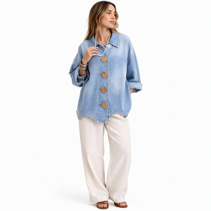 💙 Oversized Washed Denim Shirt Coat with Statement Gold Buttons and Lantern Sleeves