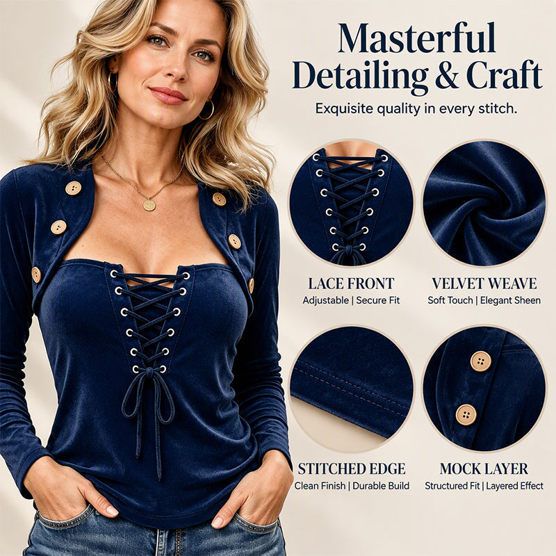 Women's Lace-Up Fake Two Piece Velvet Top
