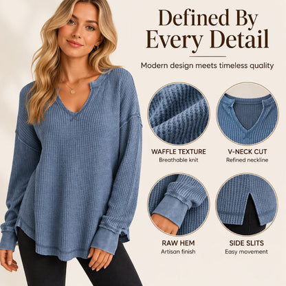 Women's Waffle Knit Long Sleeve V-Neck Top